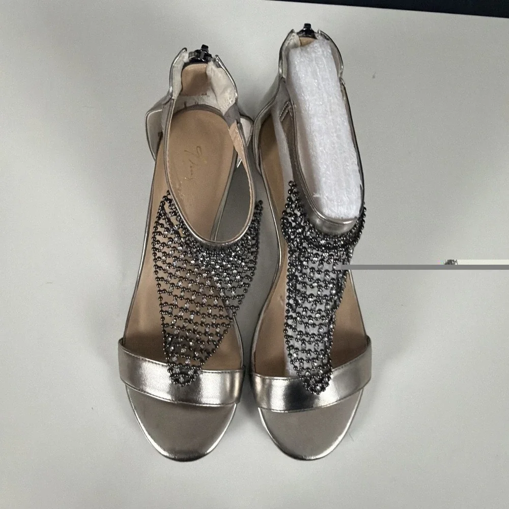 Thalia Sodi Tibby Rhinestone Wedge Sandals Metallic Pewter Silver Mesh 8M NWOB